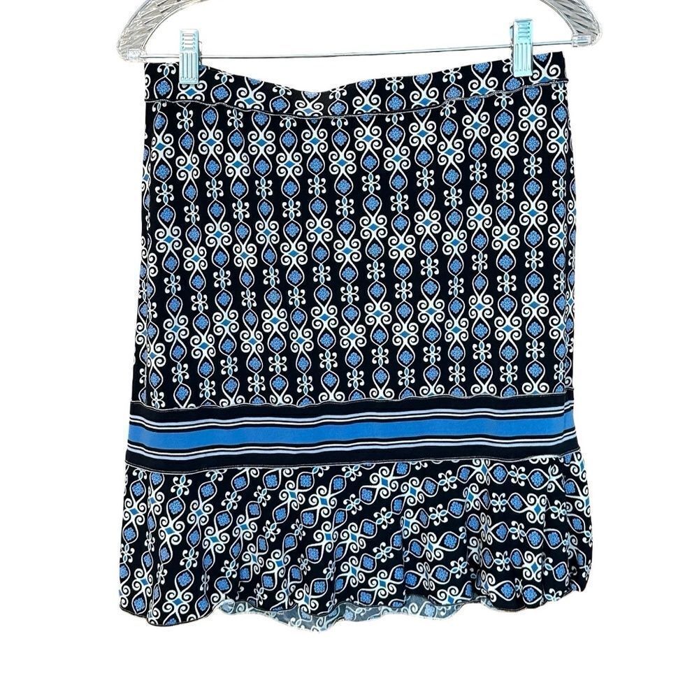 Max Studio Pull On Skirt Elastic Waist Midi Pattern Black/Blue/Ivory Size Med